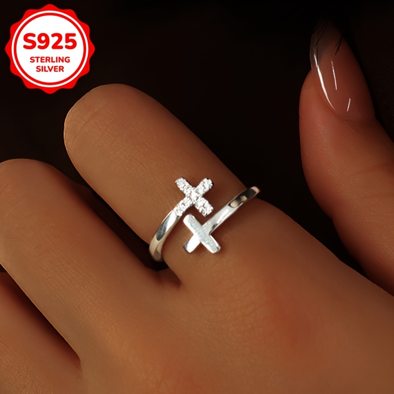 Silver Double Cross Zirconia Women's Adjustable Ring